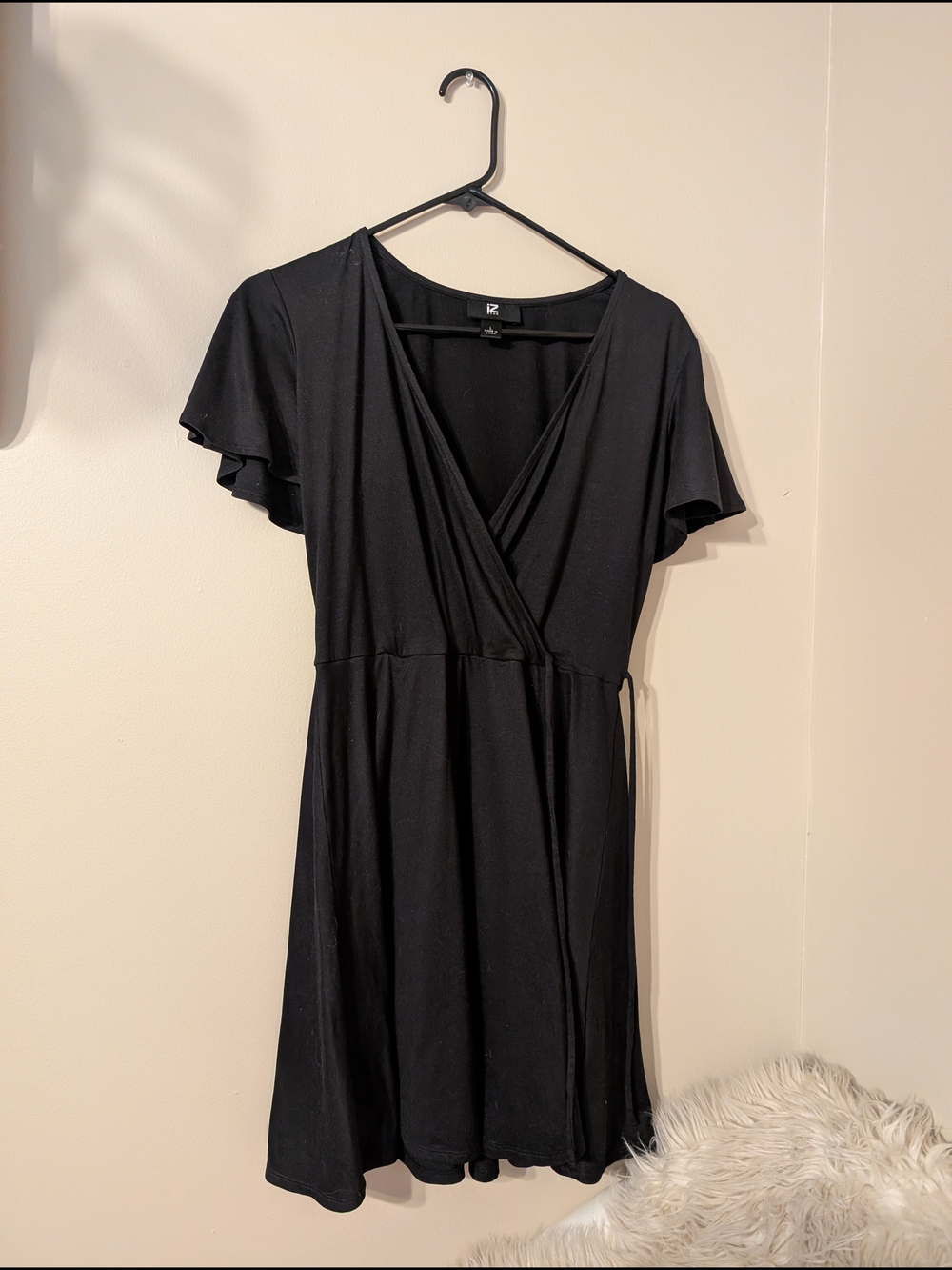 Iz Byer Black Short Flutter-Sleeve Wrap Dress